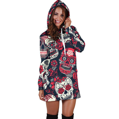 White Red Sugar Skull Pattern Print Hoodie Dress GearFrost