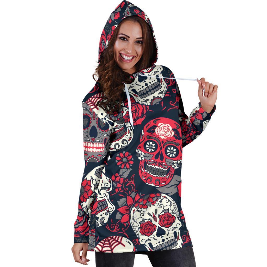 White Red Sugar Skull Pattern Print Hoodie Dress GearFrost