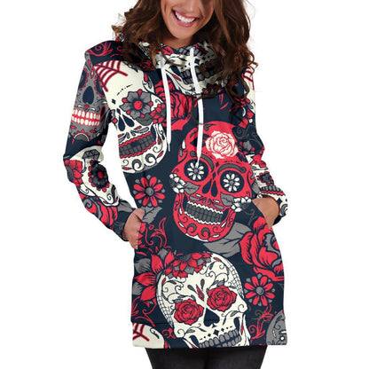 White Red Sugar Skull Pattern Print Hoodie Dress GearFrost