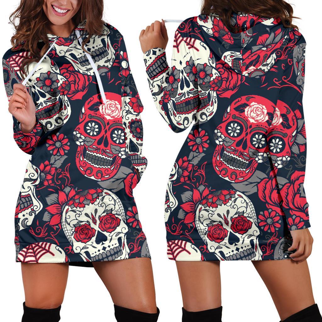 White Red Sugar Skull Pattern Print Hoodie Dress GearFrost