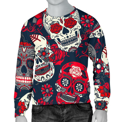 White Red Sugar Skull Pattern Print Men's Crewneck Sweatshirt GearFrost
