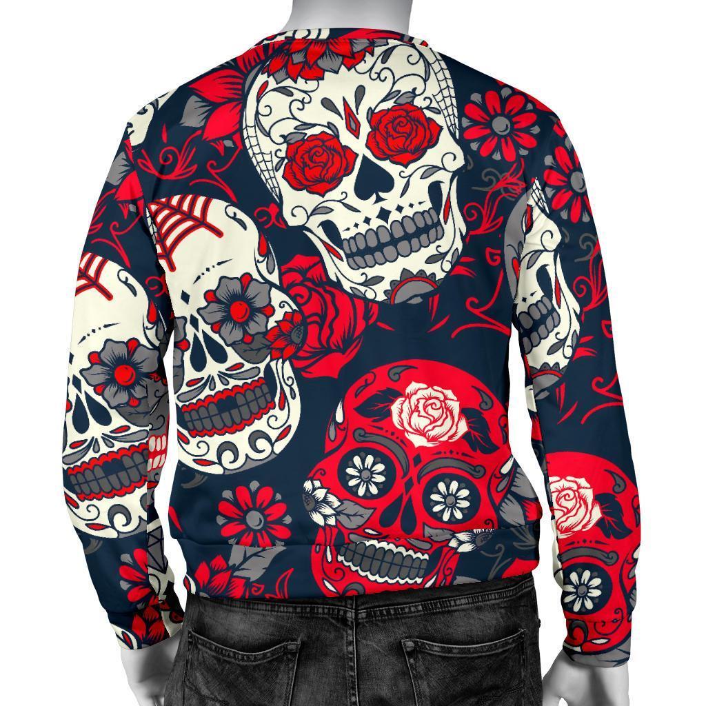 White Red Sugar Skull Pattern Print Men's Crewneck Sweatshirt GearFrost