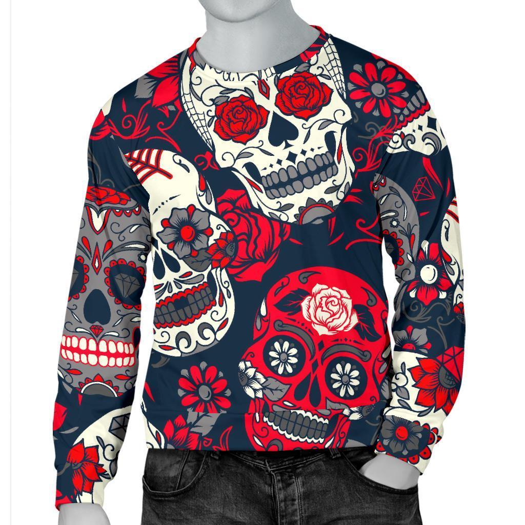 White Red Sugar Skull Pattern Print Men's Crewneck Sweatshirt GearFrost