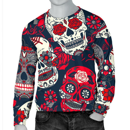 White Red Sugar Skull Pattern Print Men's Crewneck Sweatshirt GearFrost