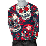 White Red Sugar Skull Pattern Print Men's Crewneck Sweatshirt GearFrost