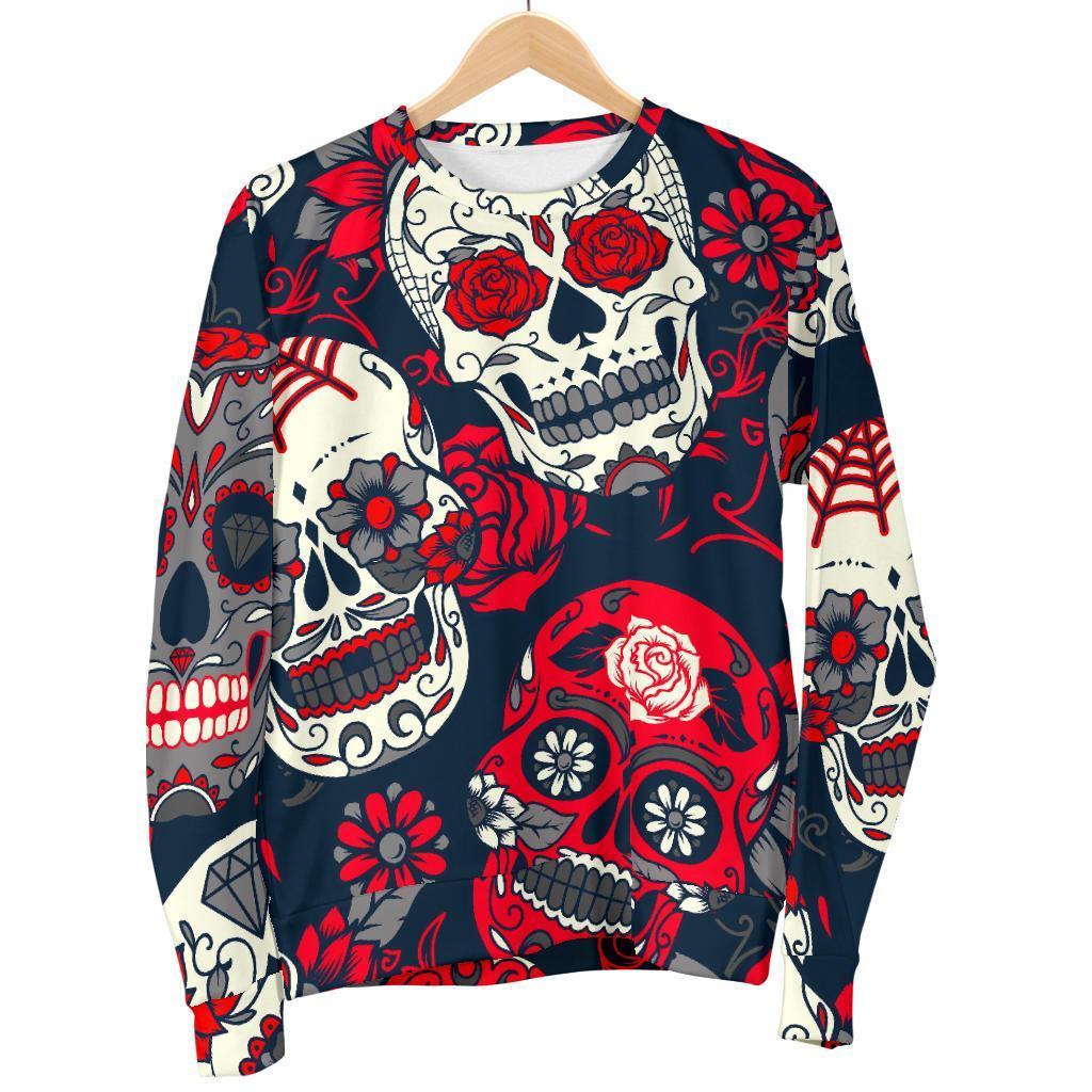 White Red Sugar Skull Pattern Print Men's Crewneck Sweatshirt GearFrost