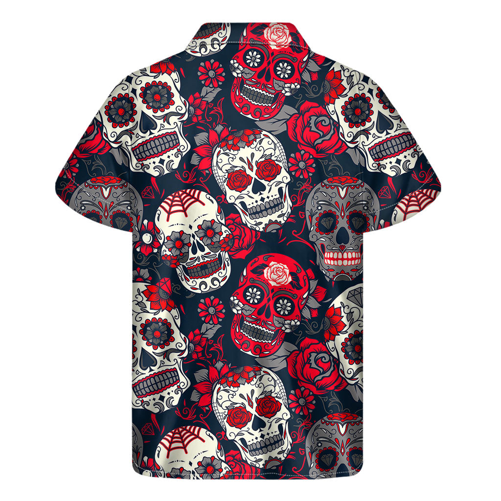 White Red Sugar Skull Pattern Print Men's Short Sleeve Shirt