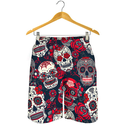 White Red Sugar Skull Pattern Print Men's Shorts