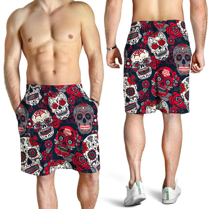 White Red Sugar Skull Pattern Print Men's Shorts