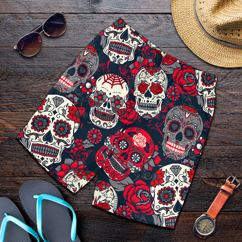 White Red Sugar Skull Pattern Print Men's Shorts