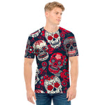 White Red Sugar Skull Pattern Print Men's T-Shirt