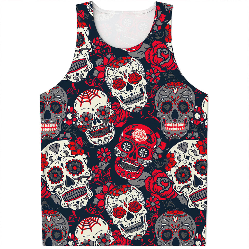White Red Sugar Skull Pattern Print Men's Tank Top