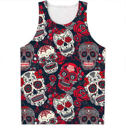 White Red Sugar Skull Pattern Print Men's Tank Top