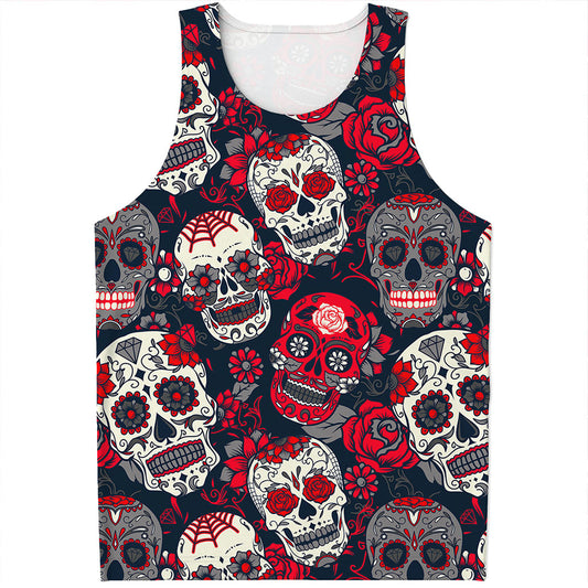 White Red Sugar Skull Pattern Print Men's Tank Top