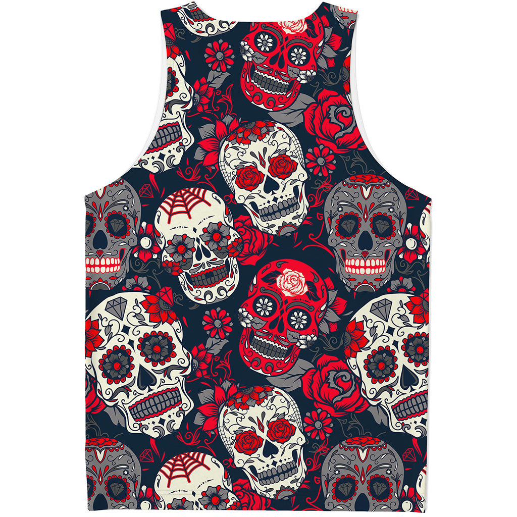 White Red Sugar Skull Pattern Print Men's Tank Top