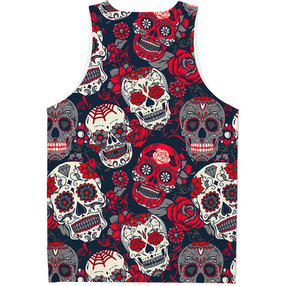 White Red Sugar Skull Pattern Print Men's Tank Top