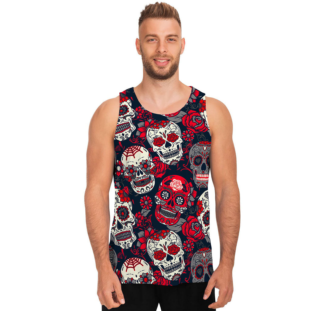 White Red Sugar Skull Pattern Print Men's Tank Top