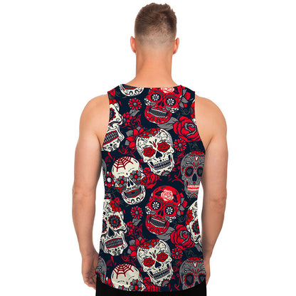 White Red Sugar Skull Pattern Print Men's Tank Top