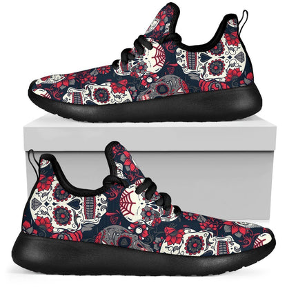White Red Sugar Skull Pattern Print Mesh Knit Shoes GearFrost