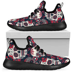 White Red Sugar Skull Pattern Print Mesh Knit Shoes GearFrost