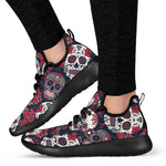 White Red Sugar Skull Pattern Print Mesh Knit Shoes GearFrost