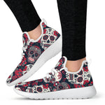 White Red Sugar Skull Pattern Print Mesh Knit Shoes GearFrost