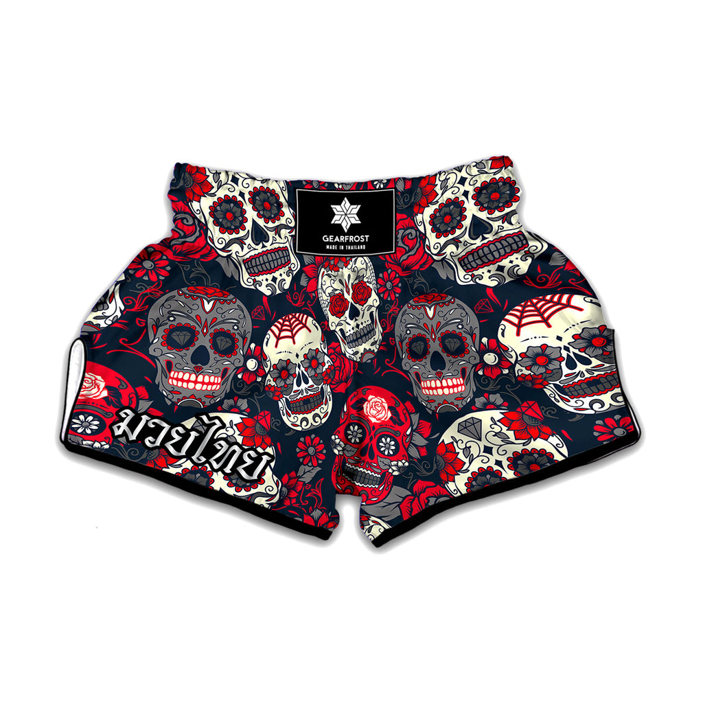 White Red Sugar Skull Pattern Print Muay Thai Boxing Shorts