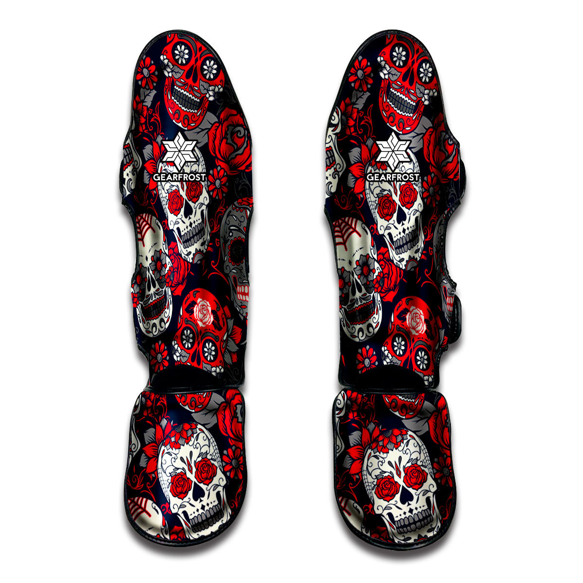 White Red Sugar Skull Pattern Print Muay Thai Shin Guard