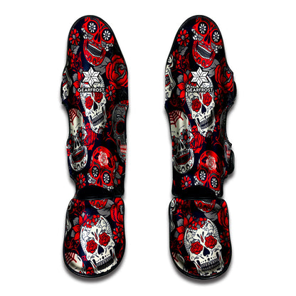 White Red Sugar Skull Pattern Print Muay Thai Shin Guard