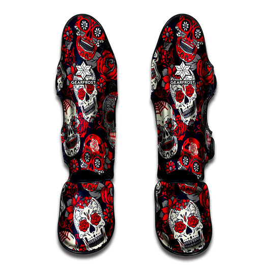 White Red Sugar Skull Pattern Print Muay Thai Shin Guard