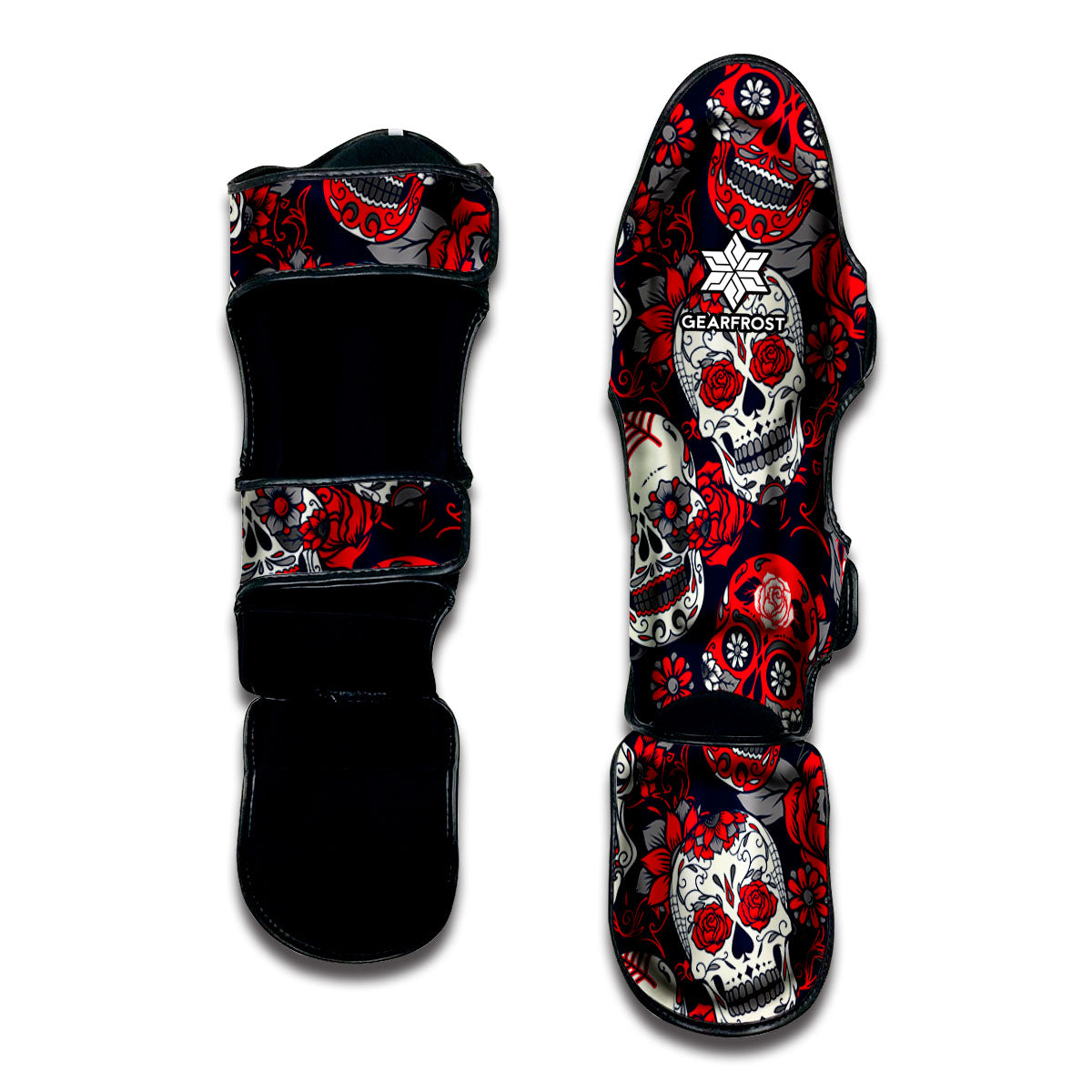 White Red Sugar Skull Pattern Print Muay Thai Shin Guard