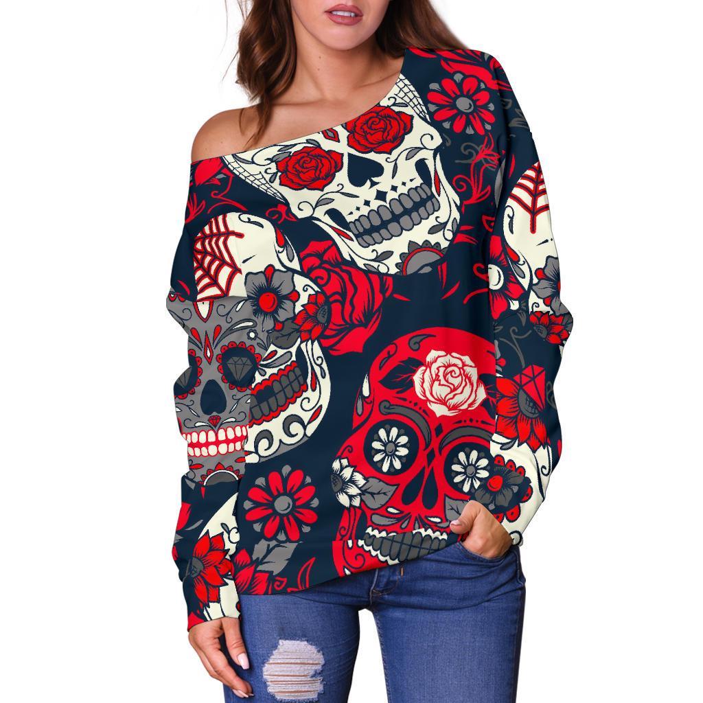 White Red Sugar Skull Pattern Print Off Shoulder Sweatshirt GearFrost