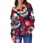 White Red Sugar Skull Pattern Print Off Shoulder Sweatshirt GearFrost