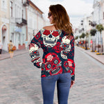 White Red Sugar Skull Pattern Print Off Shoulder Sweatshirt GearFrost