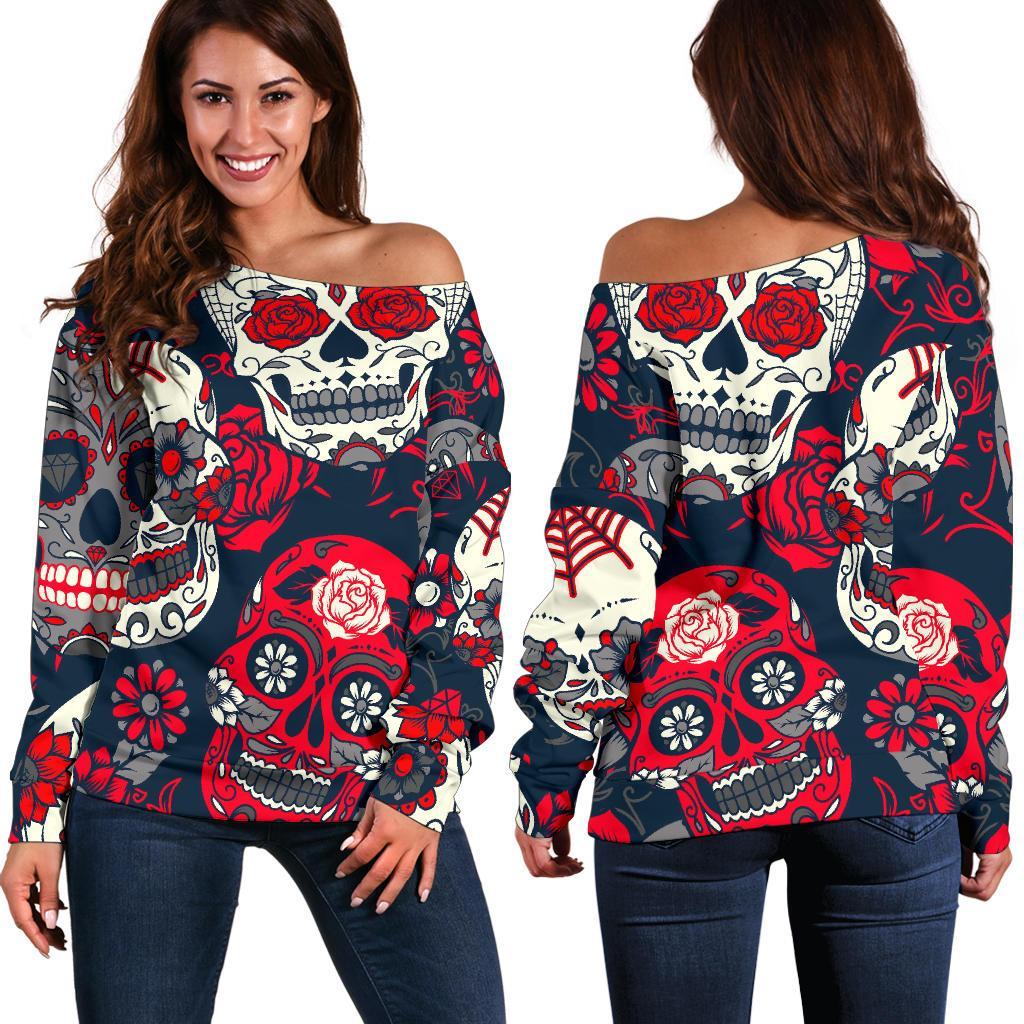 White Red Sugar Skull Pattern Print Off Shoulder Sweatshirt GearFrost