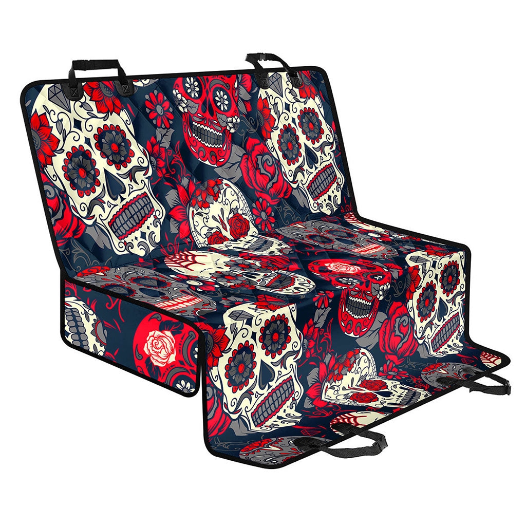 White Red Sugar Skull Pattern Print Pet Car Back Seat Cover