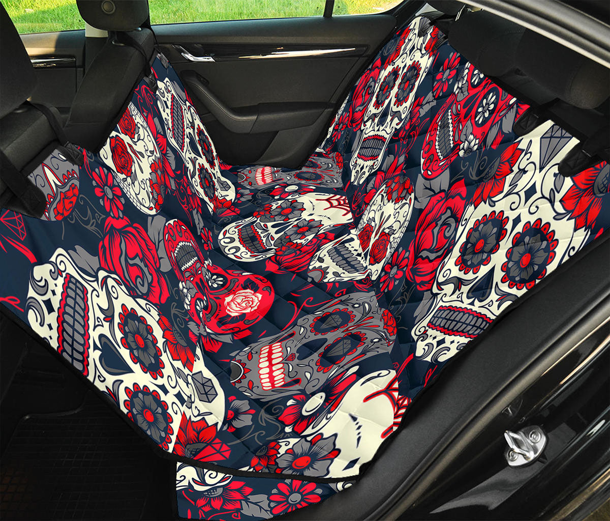 White Red Sugar Skull Pattern Print Pet Car Back Seat Cover