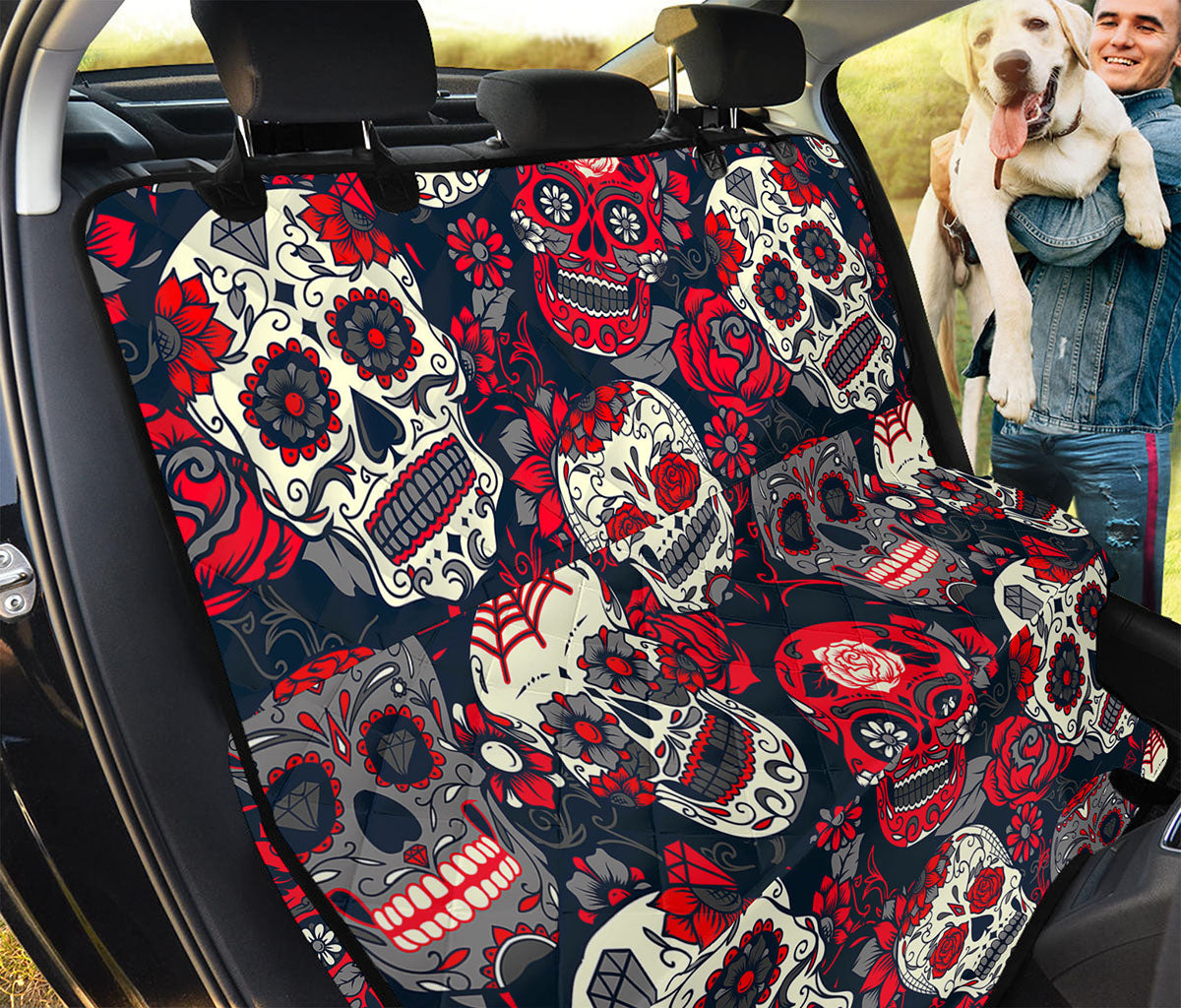 White Red Sugar Skull Pattern Print Pet Car Back Seat Cover