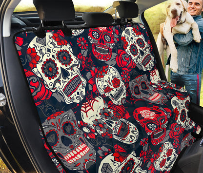 White Red Sugar Skull Pattern Print Pet Car Back Seat Cover