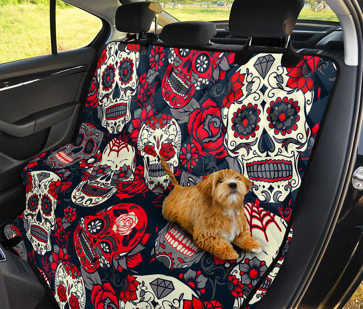White Red Sugar Skull Pattern Print Pet Car Back Seat Cover