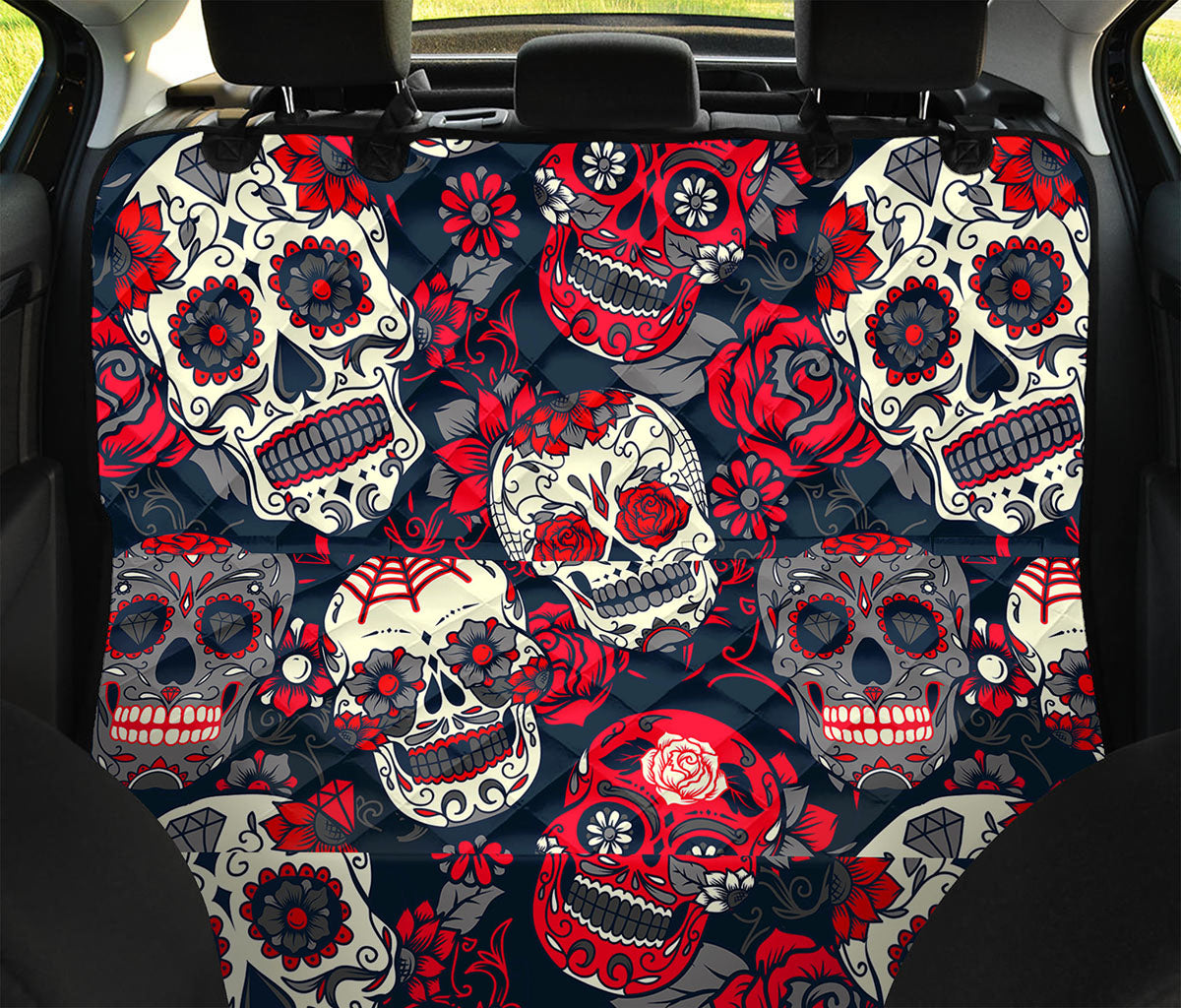 White Red Sugar Skull Pattern Print Pet Car Back Seat Cover