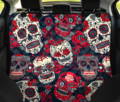 White Red Sugar Skull Pattern Print Pet Car Back Seat Cover