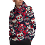 White Red Sugar Skull Pattern Print Pullover Hoodie