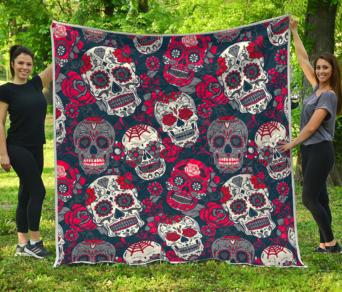 White Red Sugar Skull Pattern Print Quilt