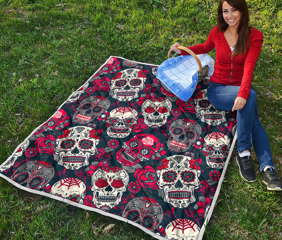 White Red Sugar Skull Pattern Print Quilt