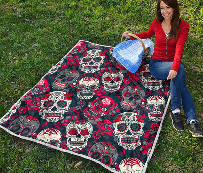 White Red Sugar Skull Pattern Print Quilt