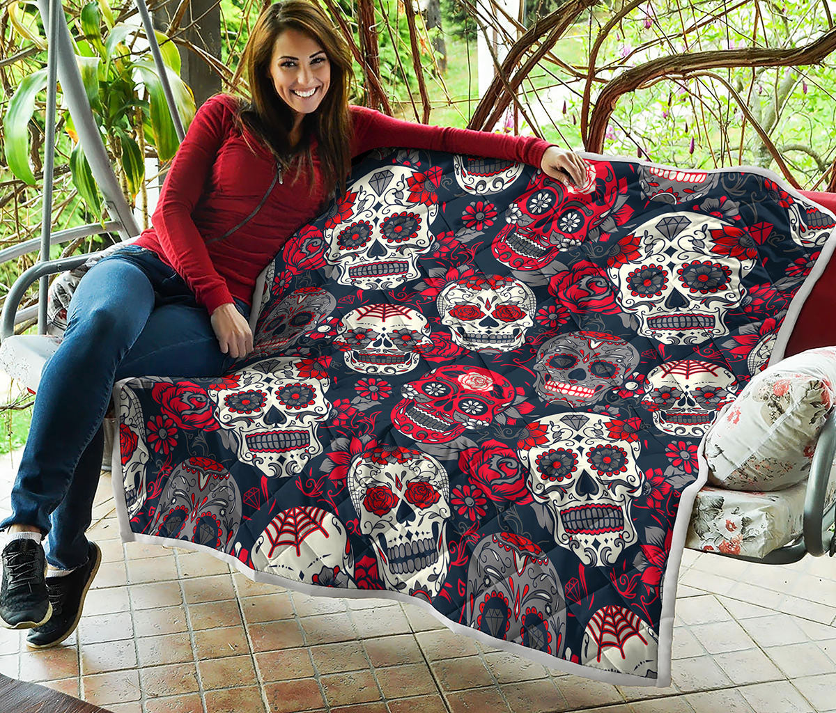 White Red Sugar Skull Pattern Print Quilt