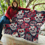 White Red Sugar Skull Pattern Print Quilt