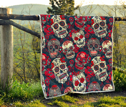 White Red Sugar Skull Pattern Print Quilt