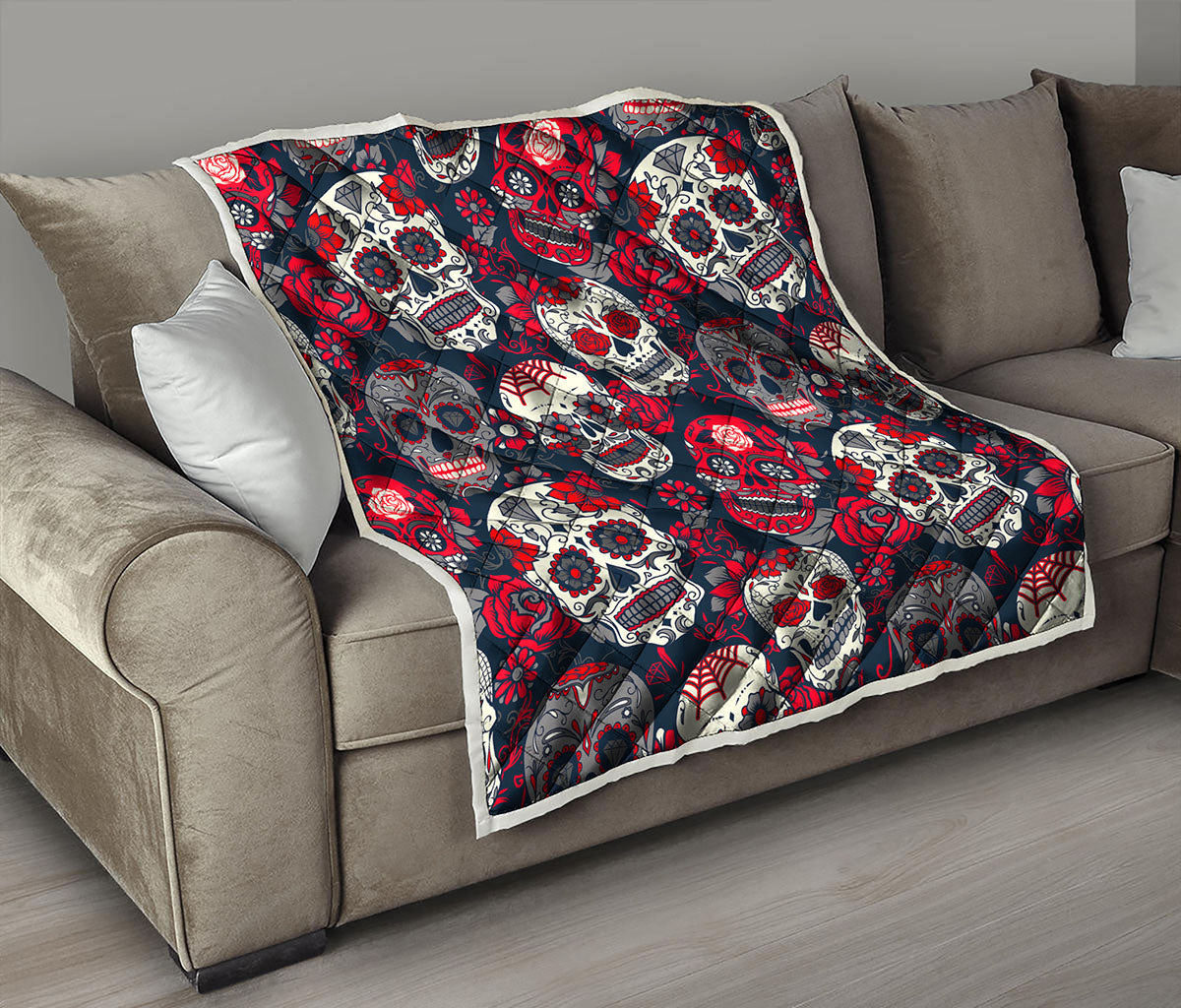 White Red Sugar Skull Pattern Print Quilt